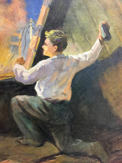 Painter kneeling at easel with oil painting of man at window in orange blue tones