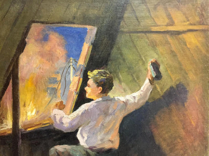 Oil painting Man at the Window: painter at easel capturing sunset over water