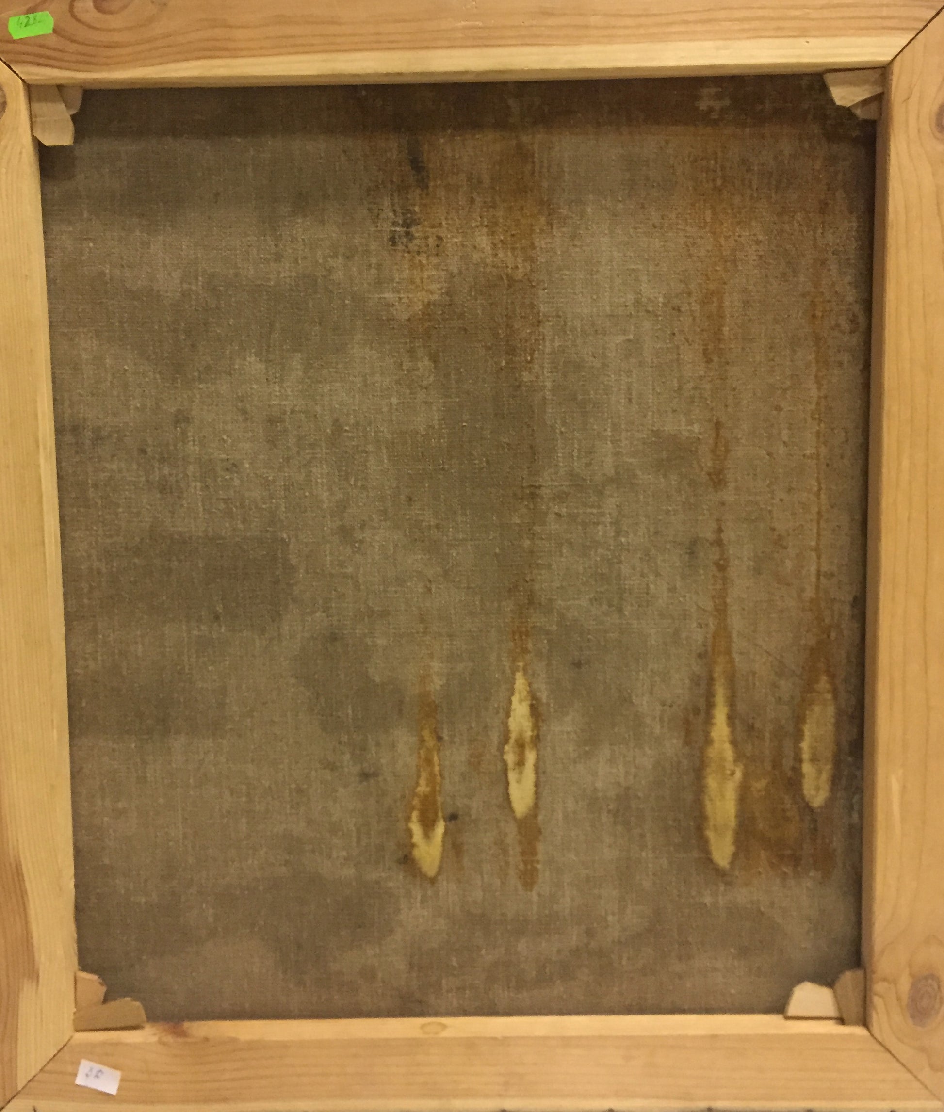 Back of weathered wooden-framed canvas for Oil painting Man at the window