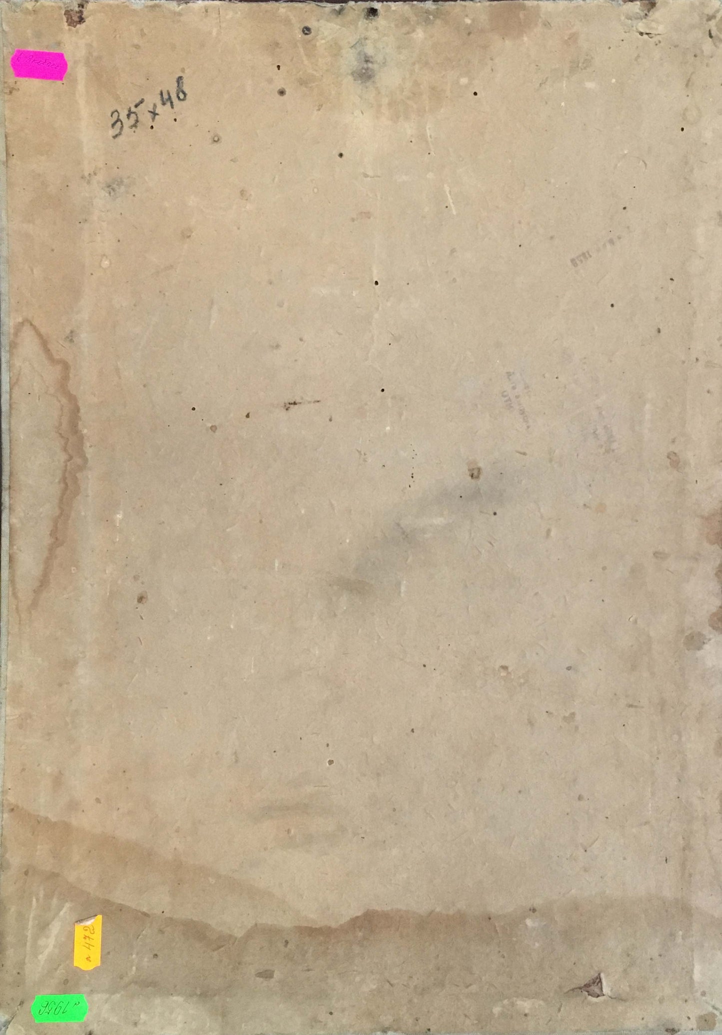 Back of Oil painting Flowers by Yakovlev B. N. on weathered beige paper with pink sticky note