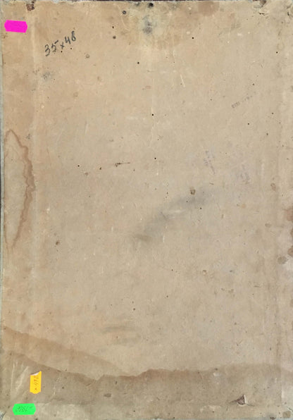 Back of Oil painting Flowers by Yakovlev B. N. on weathered beige paper with pink sticky note