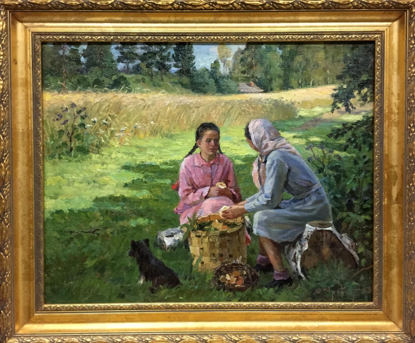 Gold framed oil painting by Yaroviy Stepan Kalinovich: women with mushrooms