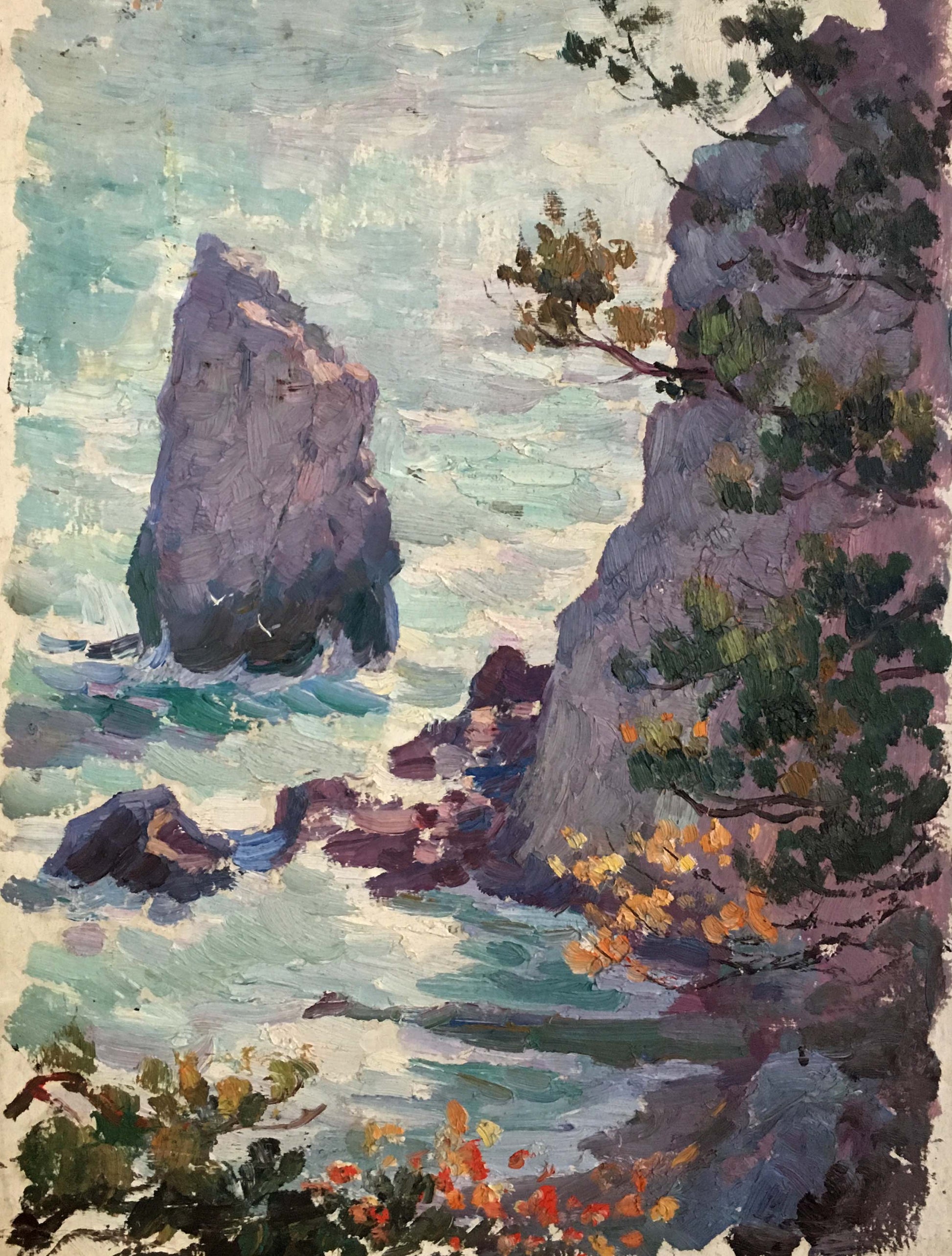 Oil painting landscape with purple green rocky shore turquoise waves foliage