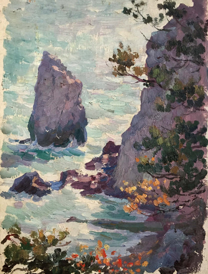 Oil painting landscape with purple green rocky shore turquoise waves foliage