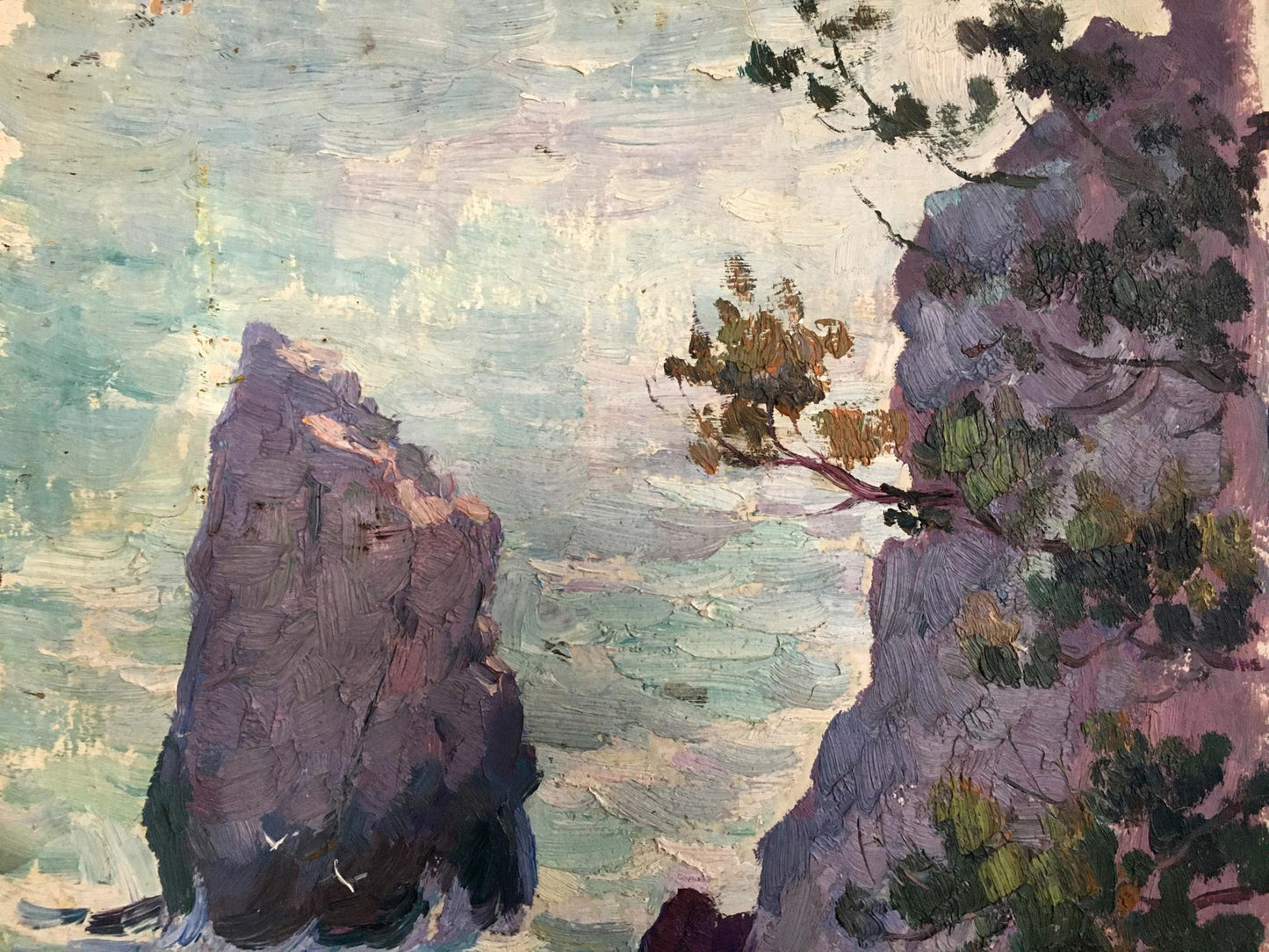 Oil painting landscape with shore: textured cliffs in purples, greens, sparse trees