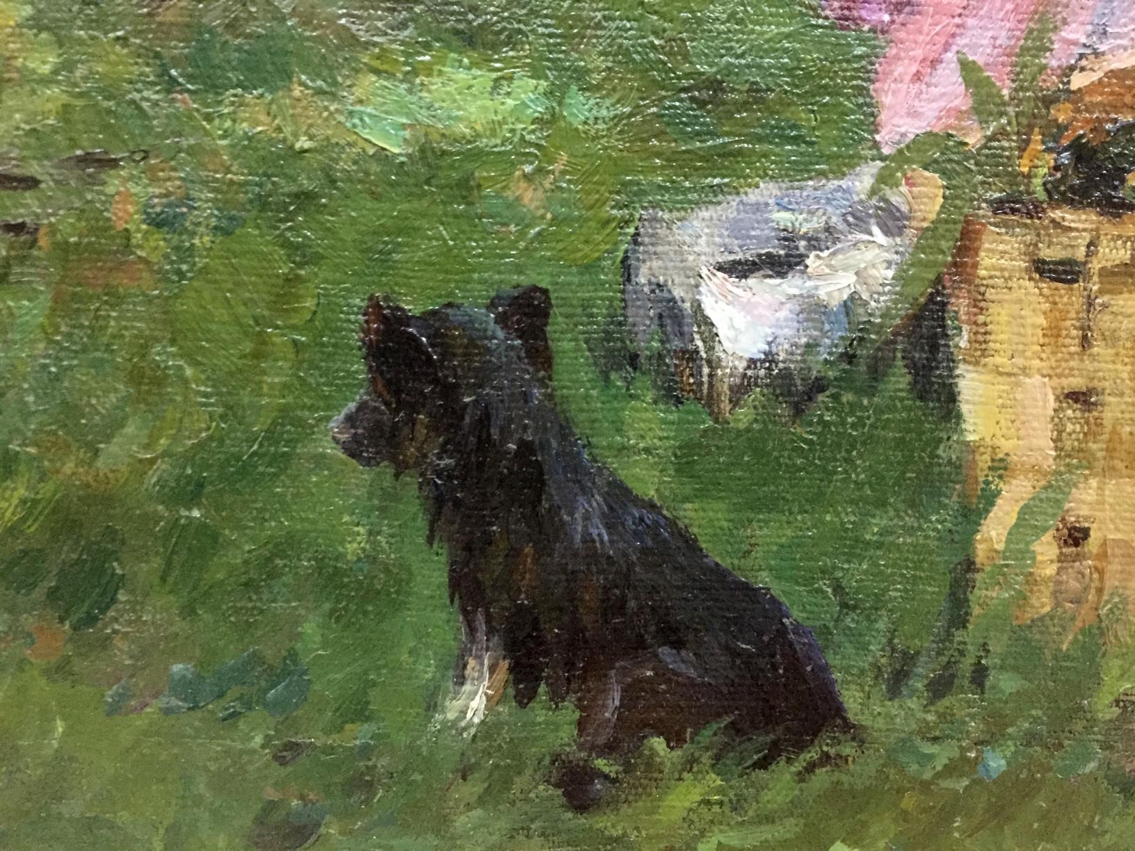Oil painting by Yaroviy Stepan Kalinovich: black fluffy dog with white paws in green field