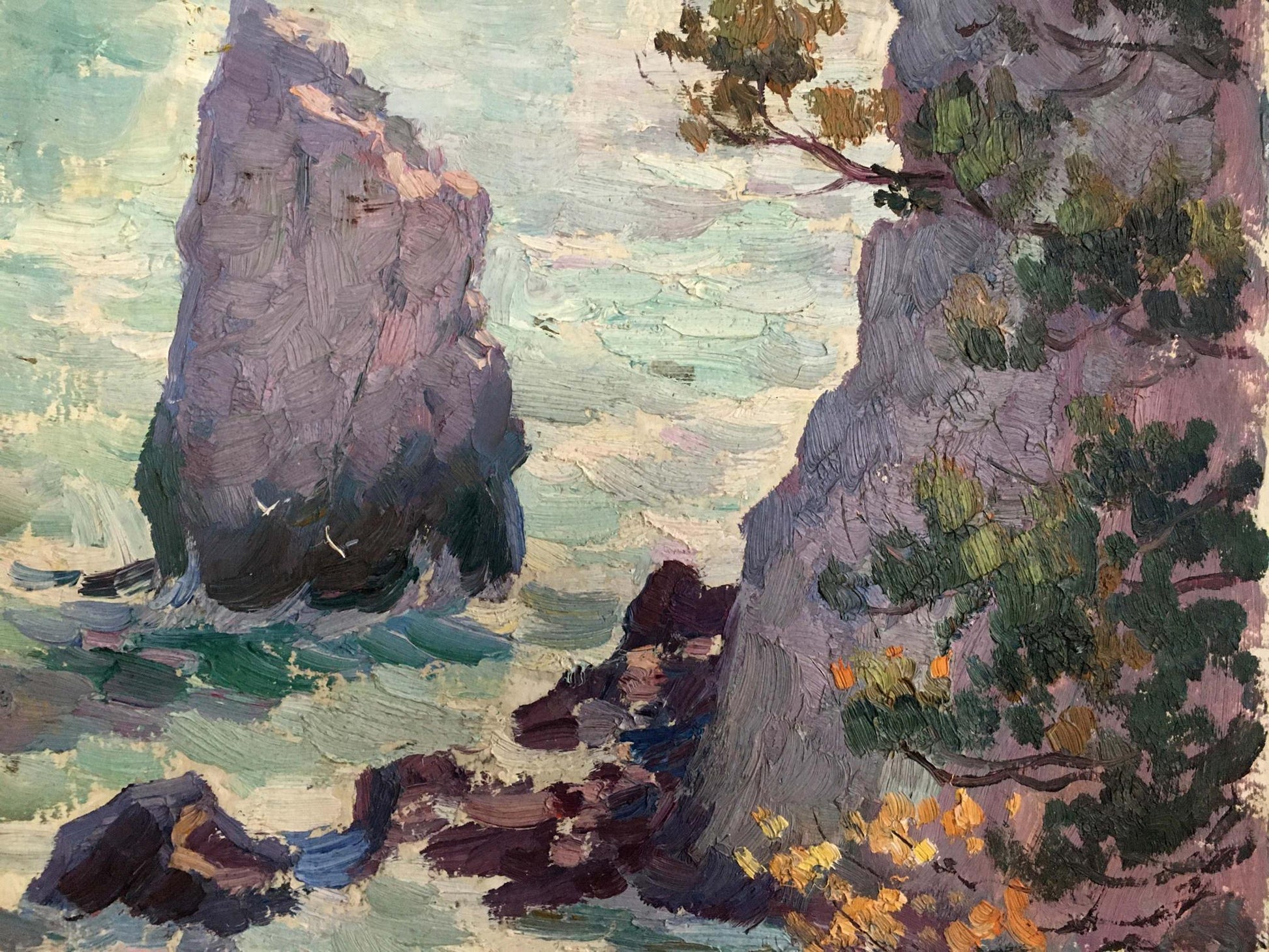 Oil painting landscape with shore: textured cliffs and sea in purples, greens, blues