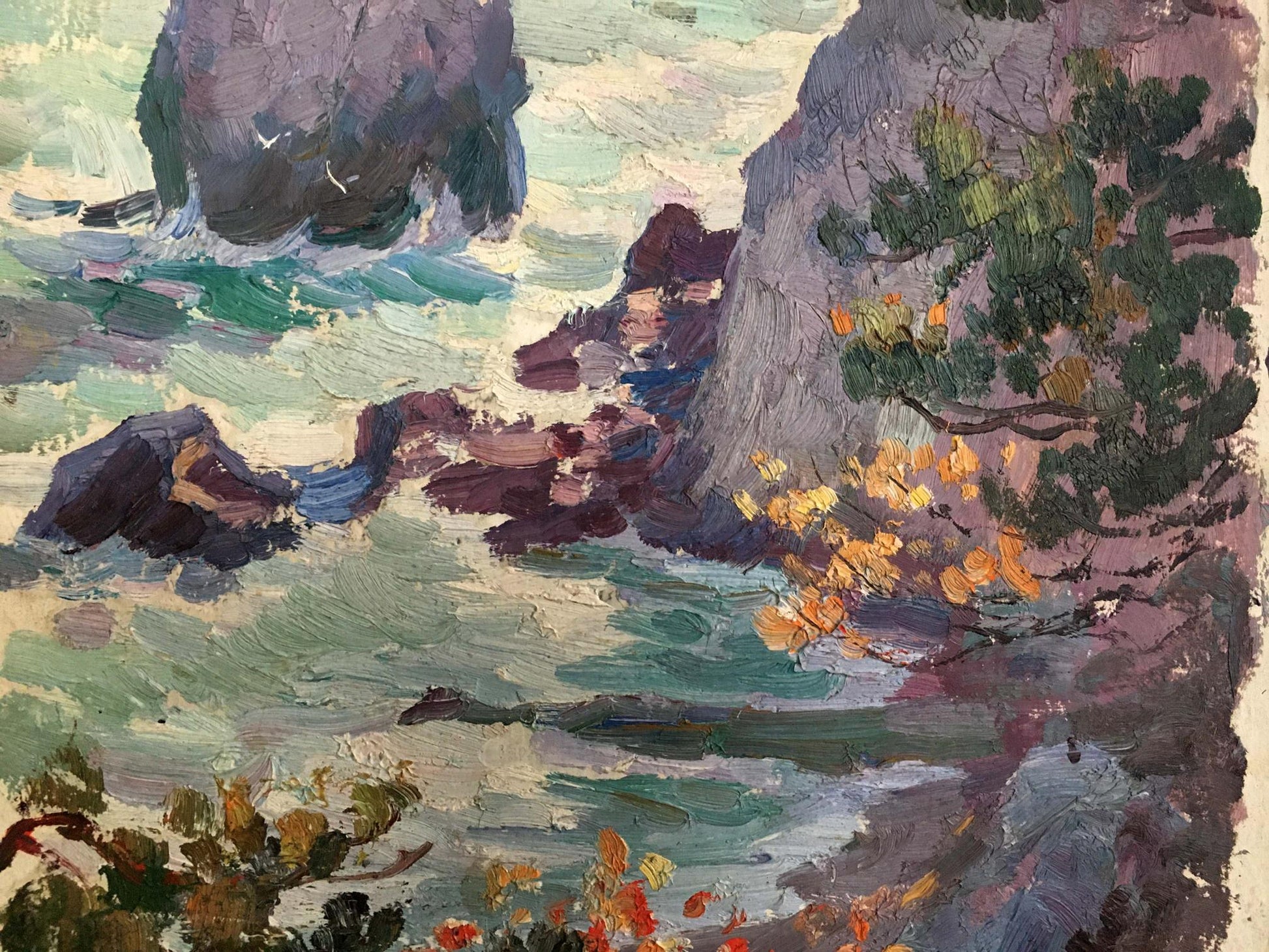 Oil painting landscape with shore: textured coastal cliffs, vibrant foliage, turquoise waters
