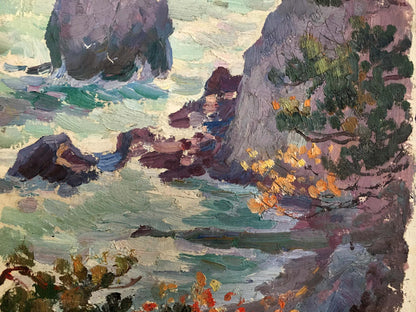 Oil painting landscape with shore: textured coastal cliffs, vibrant foliage, turquoise waters