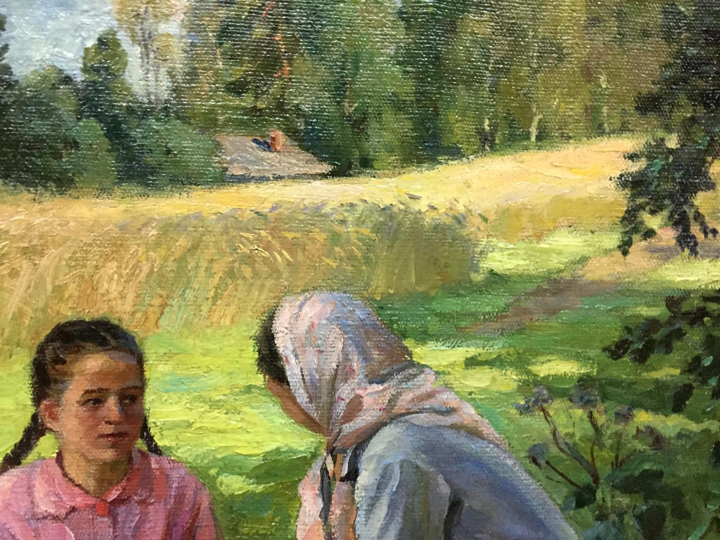 Oil painting of young girl in pink collared shirt with braided hair by Yaroviy Stepan Kalinovich