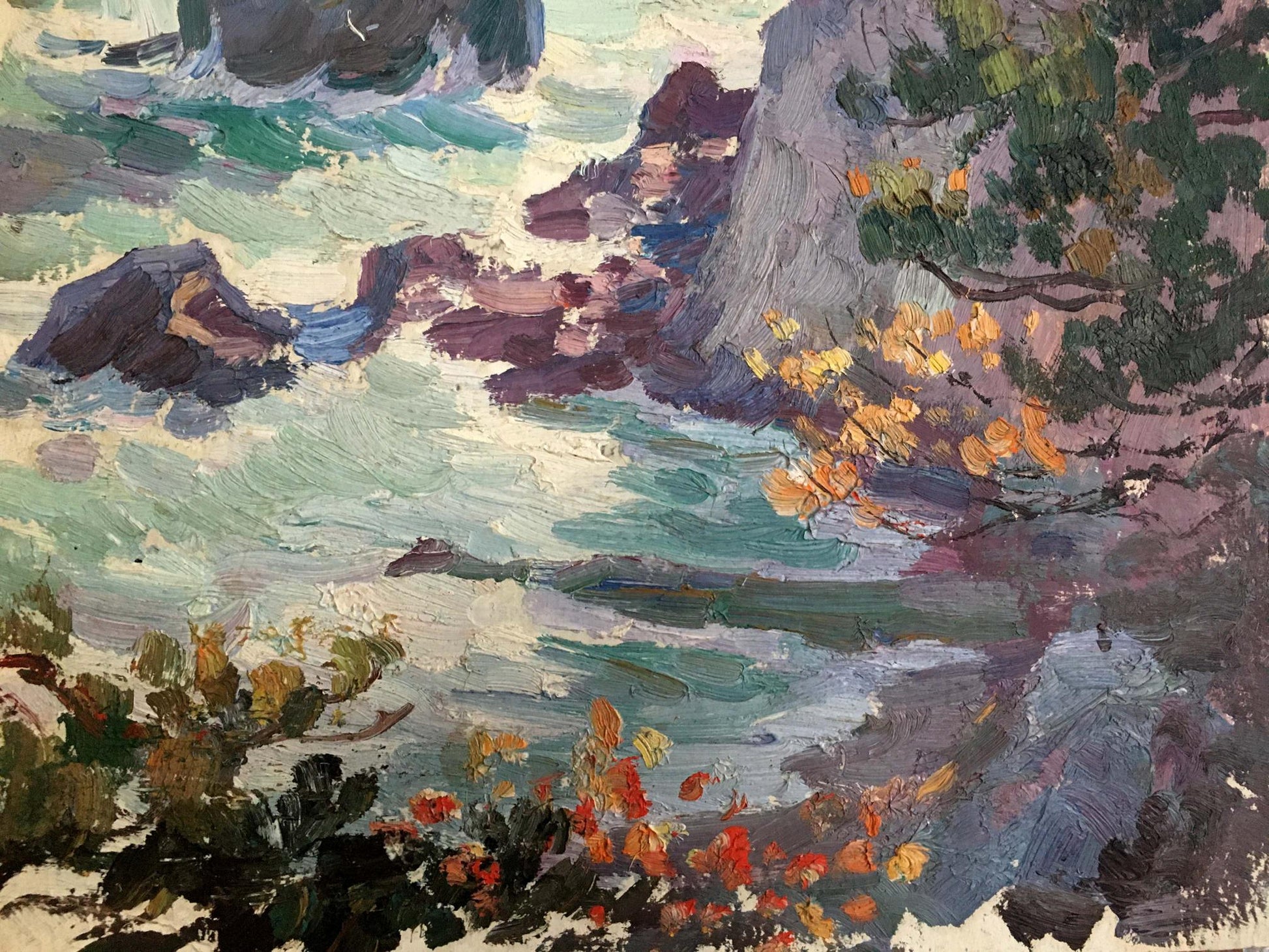 Vibrant impressionist oil painting of coastal landscape with turquoise waves on rocks