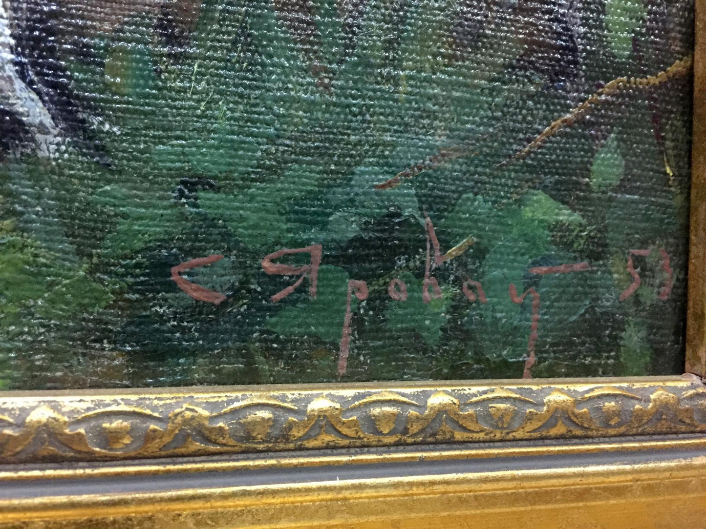 Signed back of Yaroviy Stepan Kalinovich oil painting Women with mushrooms, textured green foliage, reddish-brown signature, ornate gold frame
