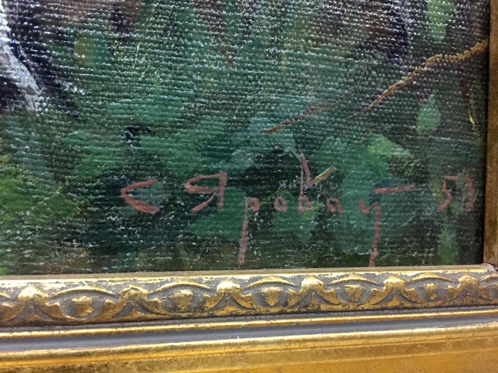 Signed back of Yaroviy Stepan Kalinovich oil painting Women with mushrooms, textured green foliage, reddish-brown signature, ornate gold frame