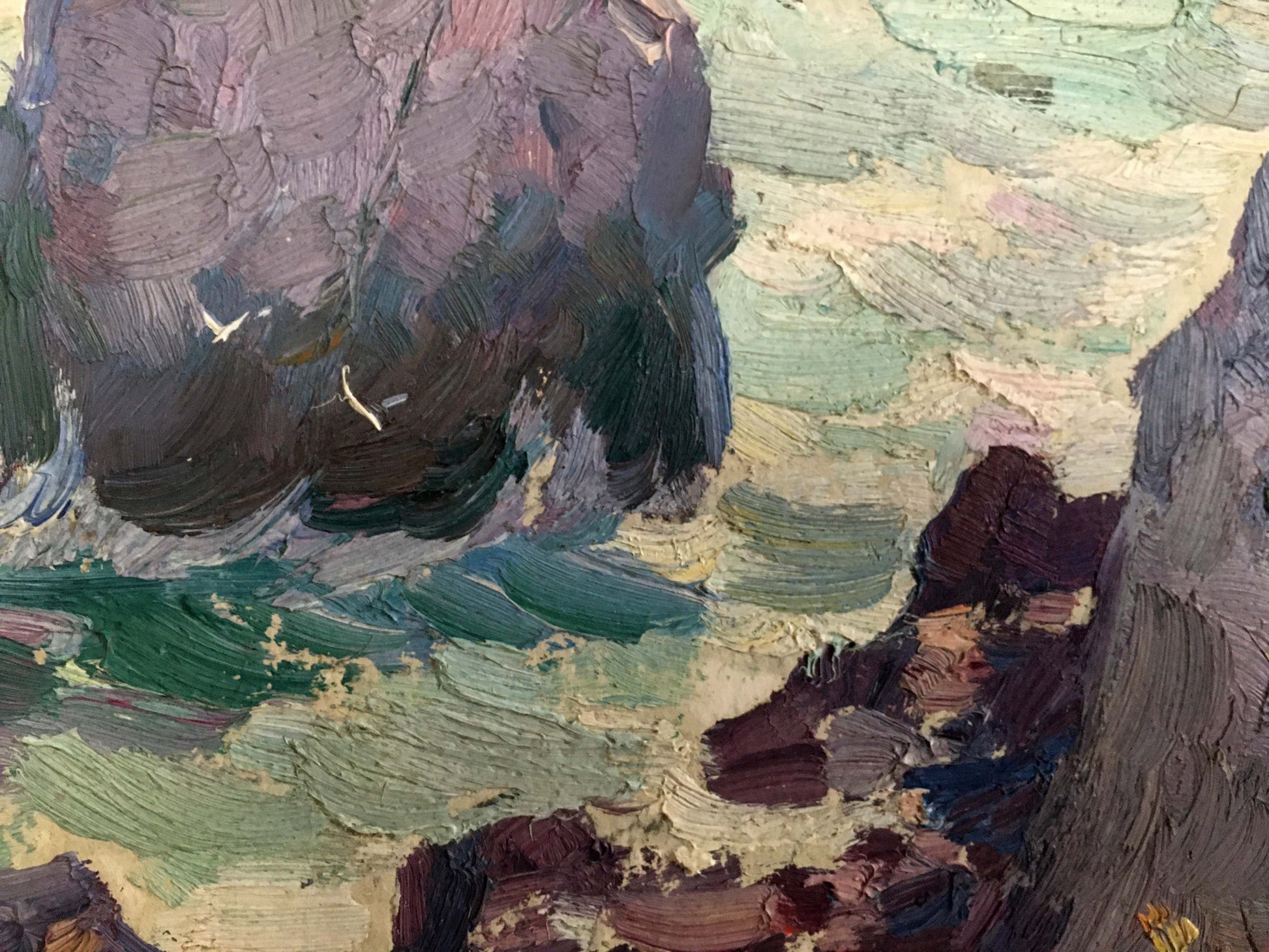 Oil painting landscape with shore: rugged cliffs, turbulent sea in purple, green, gray impasto
