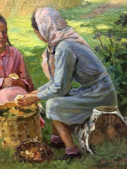 Oil painting by Yaroviy Stepan Kalinovich: women with wicker basket on grass