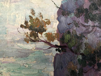 Oil painting of tree landscape with shore in earthy greens and textured brushstrokes