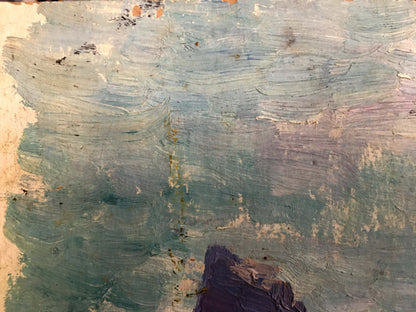 Oil painting landscape with shore in muted blues, purples, textured brushstrokes