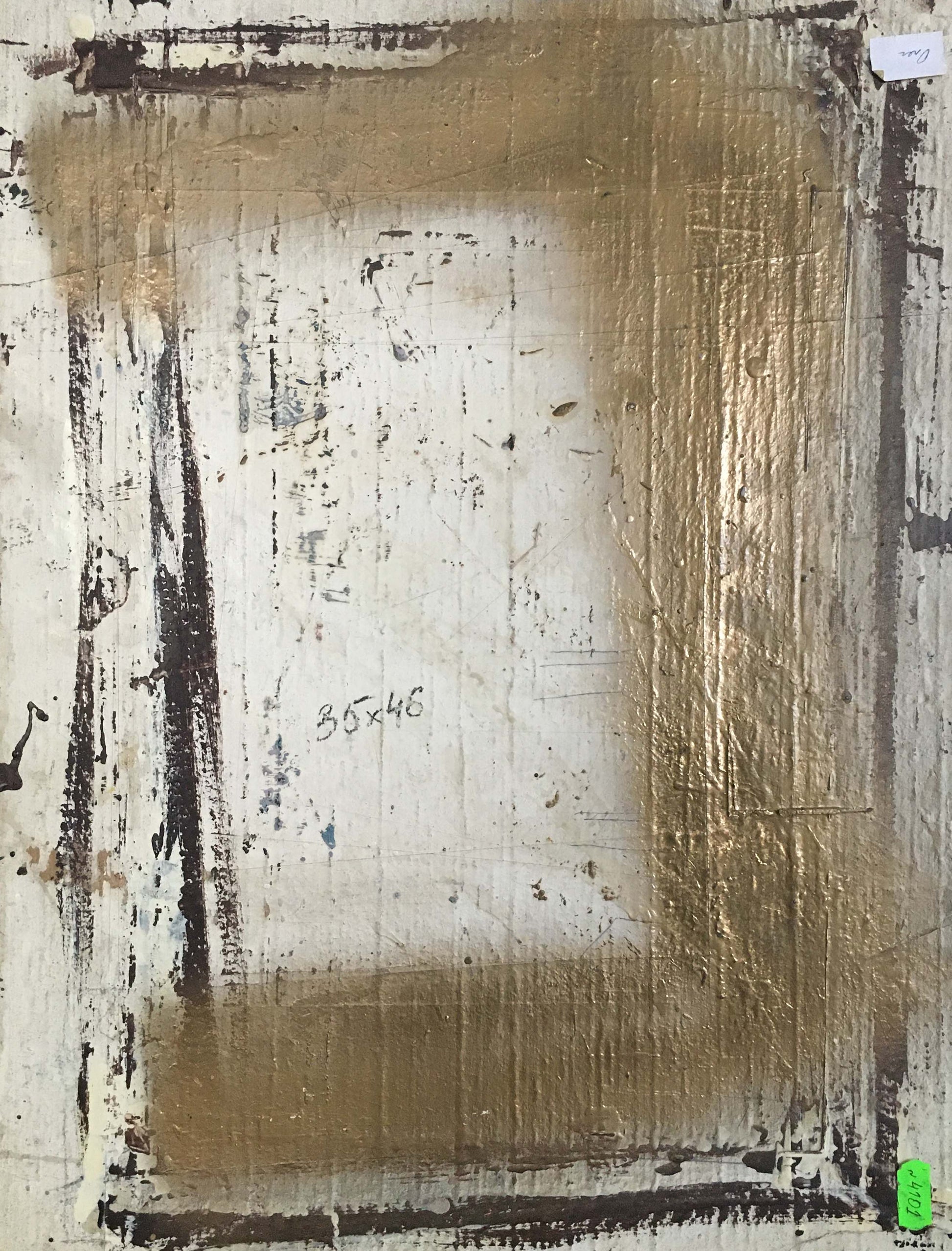 Oil painting landscape with shore in abstract mixed-media gold leaf and black strokes