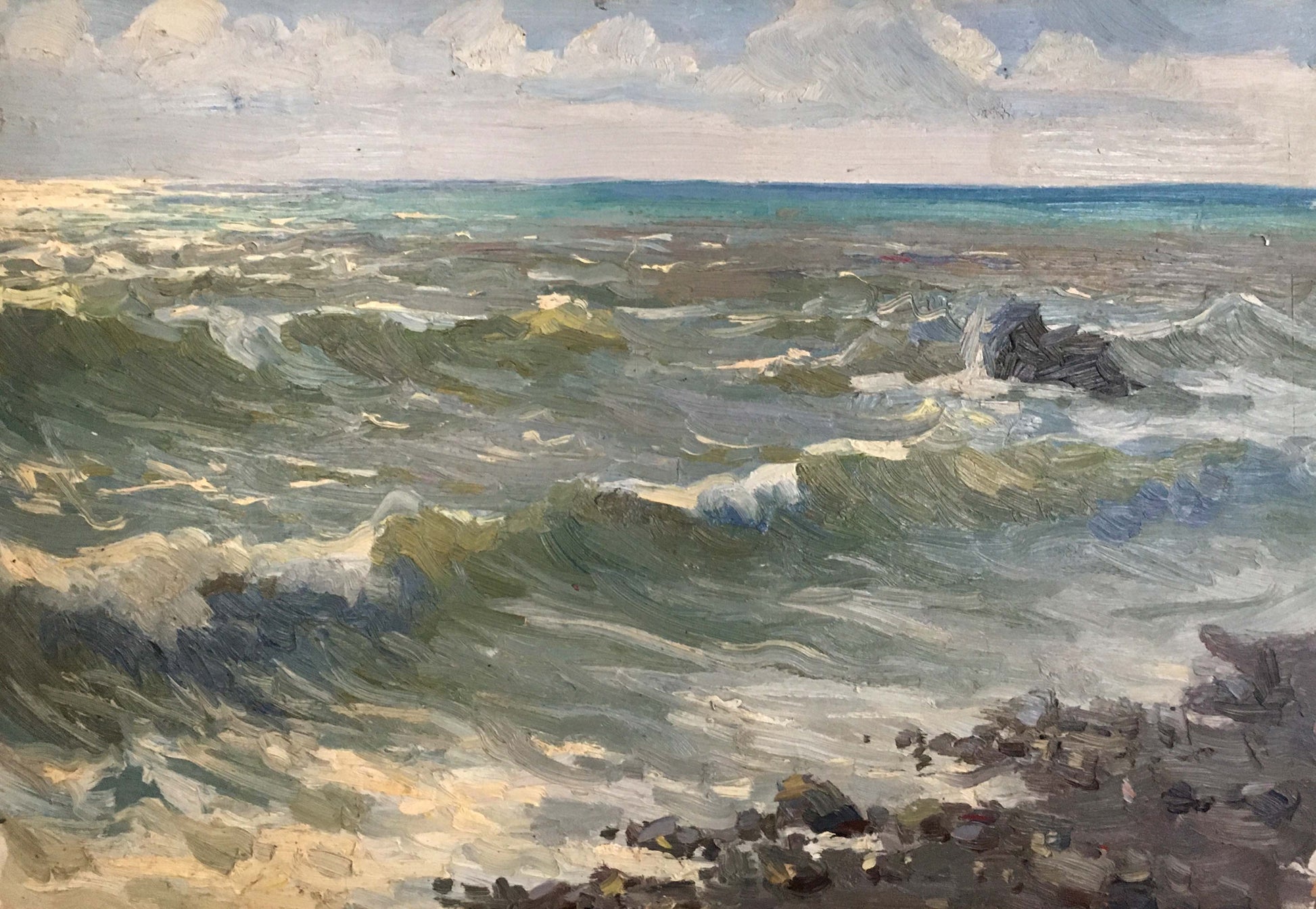 Oil painting Seascape by Kolosov Valentin Osipovich: turbulent green waves crashing on rocks