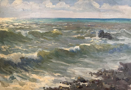 Oil painting Seascape by Kolosov Valentin Osipovich: turbulent green waves crashing on rocks
