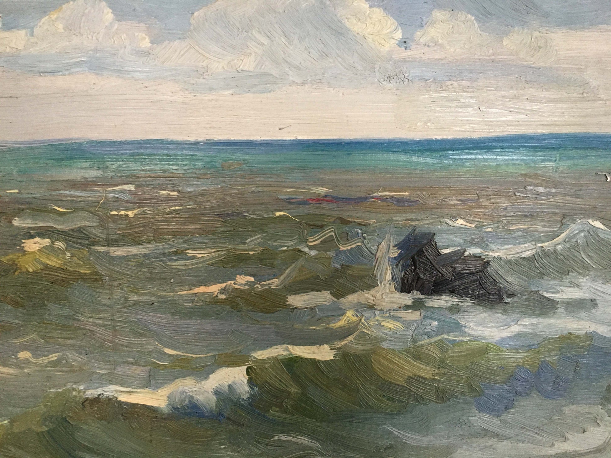 Oil painting Seascape by Kolosov Valentin Osipovich, turbulent green blue waves