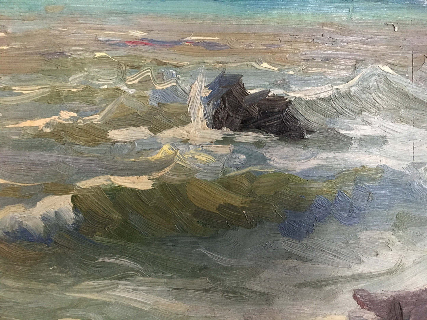 Oil painting of dark shipwreck in turbulent waves by Kolosov Valentin Osipovich