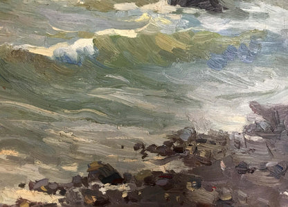 Oil painting Seascape by Kolosov Valentin Osipovich: turbulent green blue waves on rocky shore