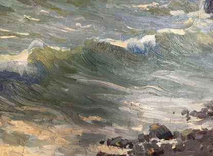 Textured oil painting of turbulent green blue white ocean waves by Kolosov Valentin Osipovich