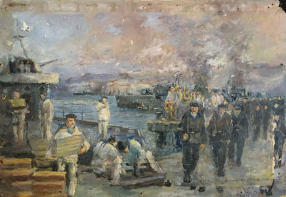 Oil painting Sailors in the port by Pichuyev K. I. Harbor scene