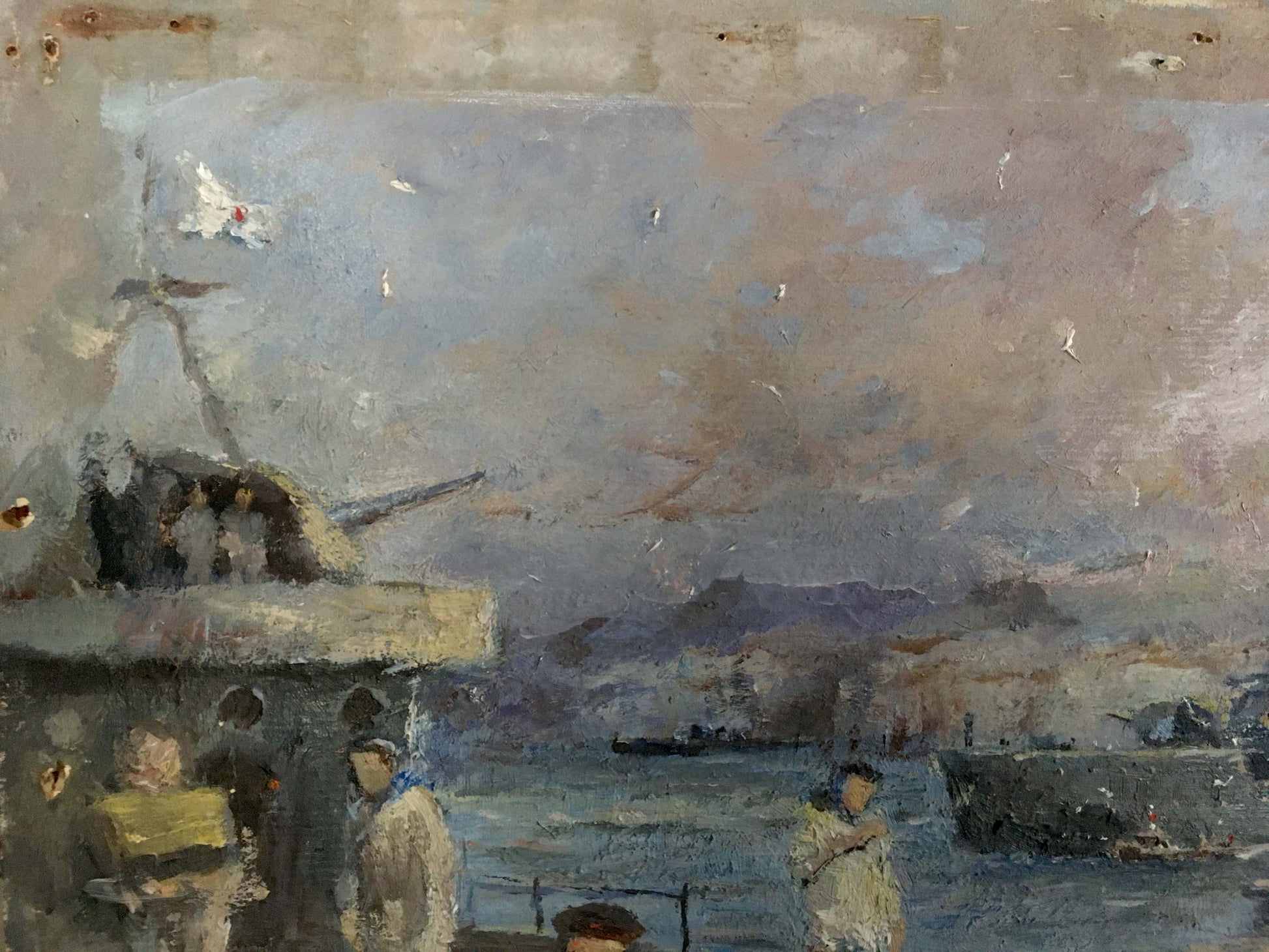 Oil painting Sailors in the port by Pichuyev K.I., muted naval scene