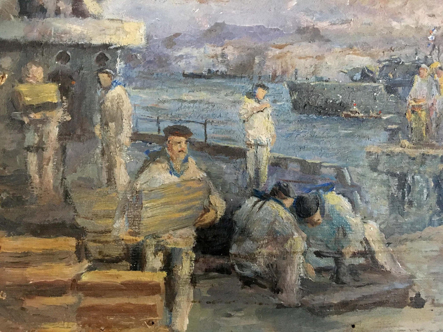 Oil painting Sailors in the port by Pichuyev K. I., textured harbor scene