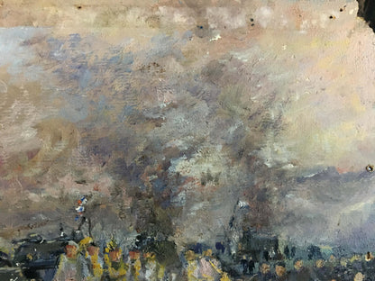 Oil painting Sailors in the port by Pichuyev K.I. in earth tones