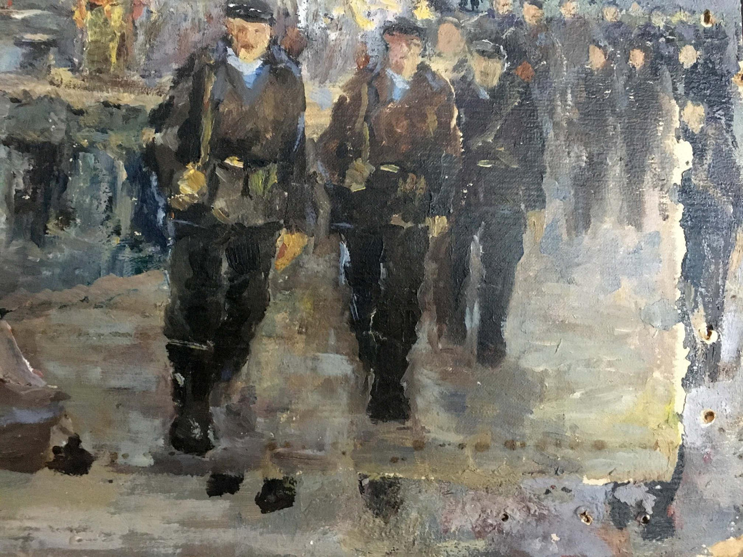 Impressionistic oil painting of sailors Pichuyev K.I. in port crowd