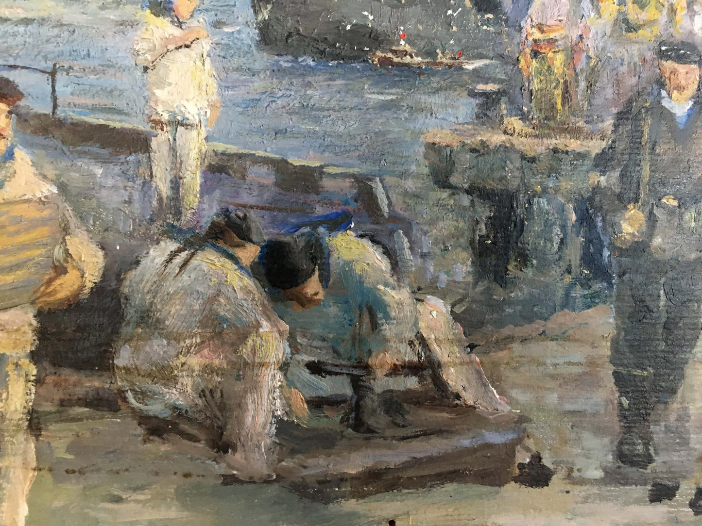 Oil painting Sailors in the port by Pichuyev K.I., textured coastal scene