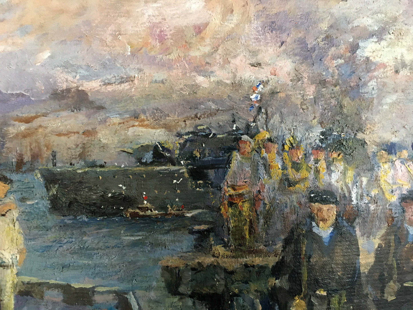 Oil painting Sailors in the port by Pichuyev K. I. textured harbor scene
