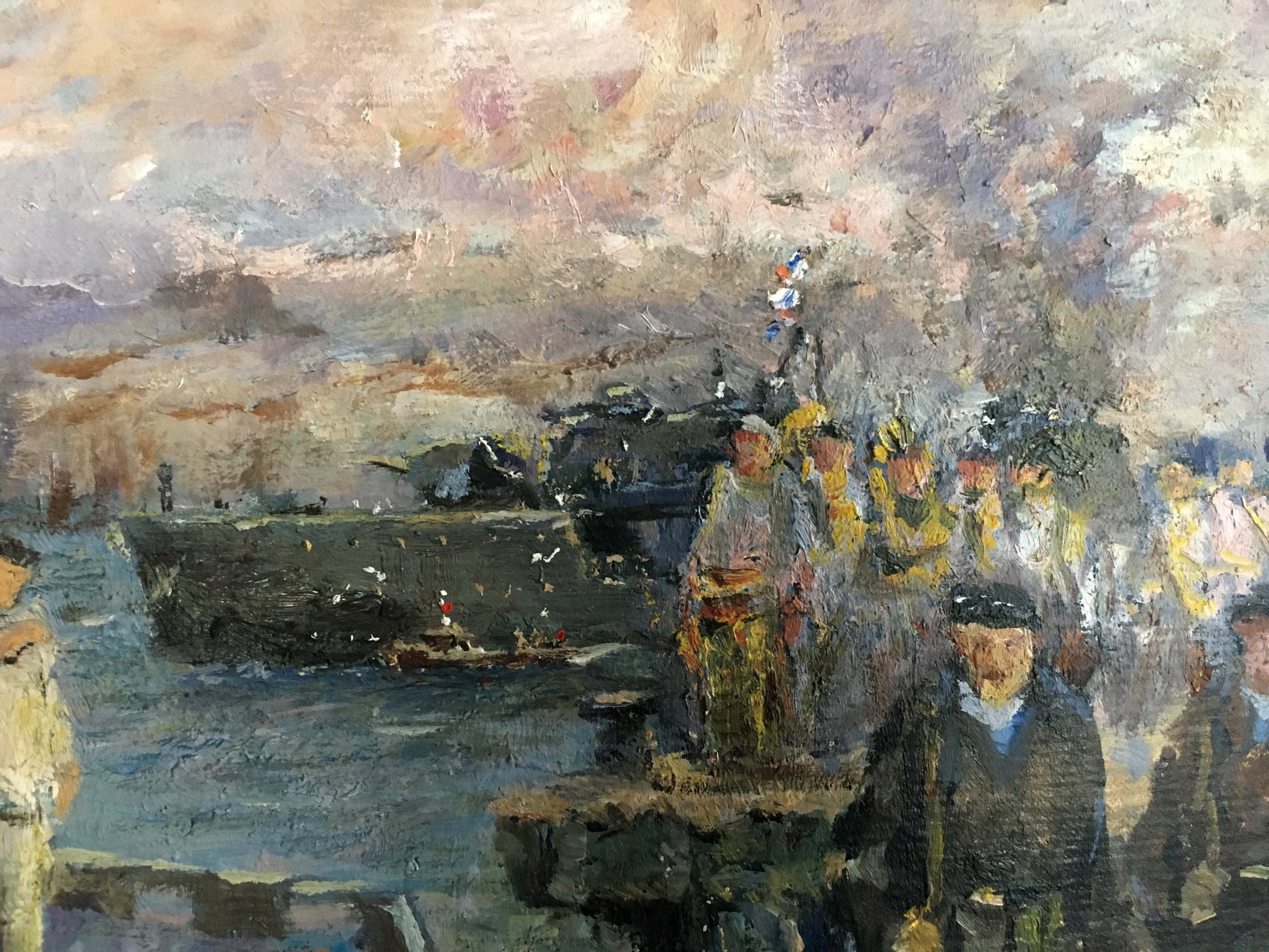 Oil painting Sailors in the port by Pichuyev K. I. textured harbor scene