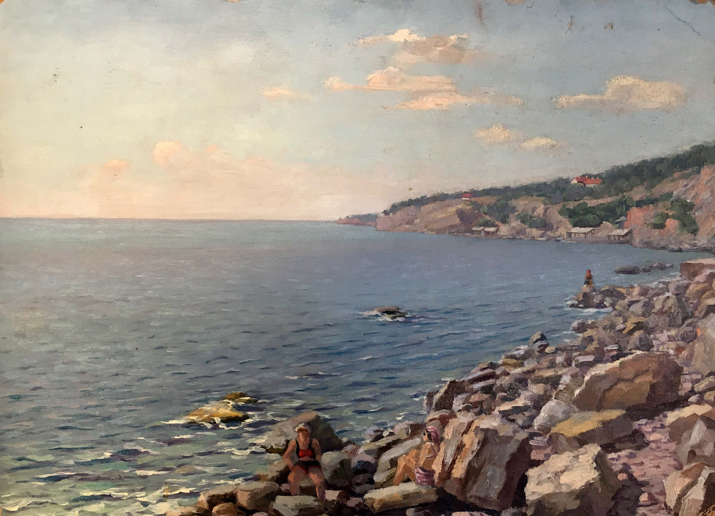 Oil painting The first rays of sun on the sea, rocky shoreline and calm waters