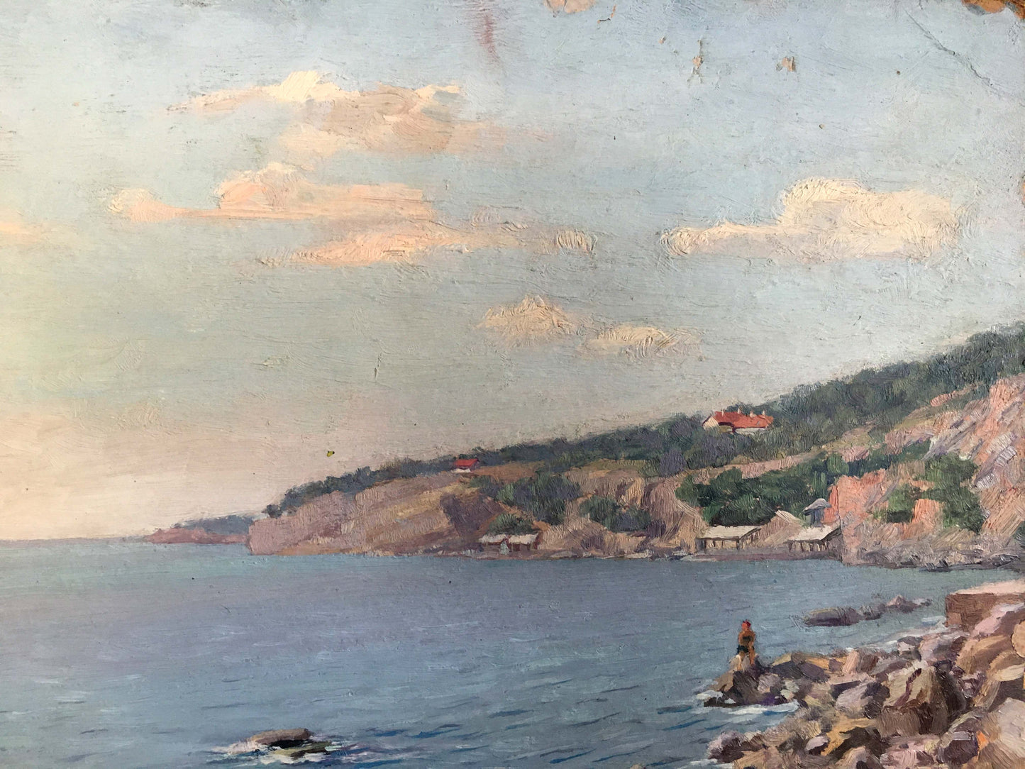 Oil painting The first rays of sun on the sea: pastel skies, rocky shores, hills