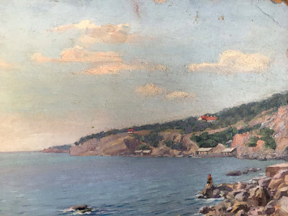 Oil painting The first rays of sun on the sea: pastel skies, rocky shores, hills