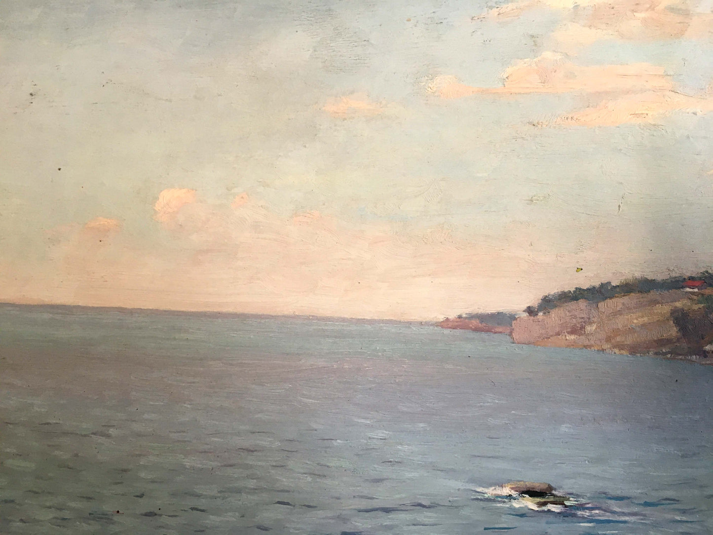 Oil painting of first sun rays on pastel sea with cliffs by unknown artist