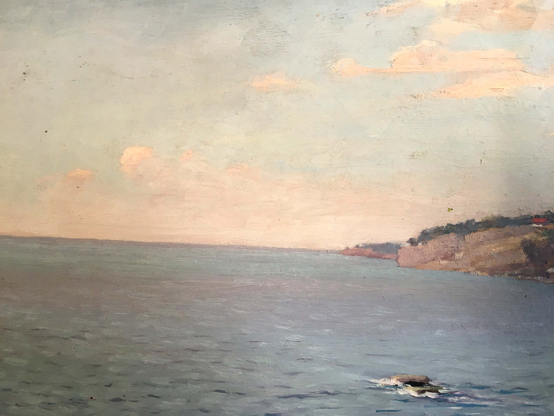 Oil painting of first sun rays on pastel sea with cliffs by unknown artist