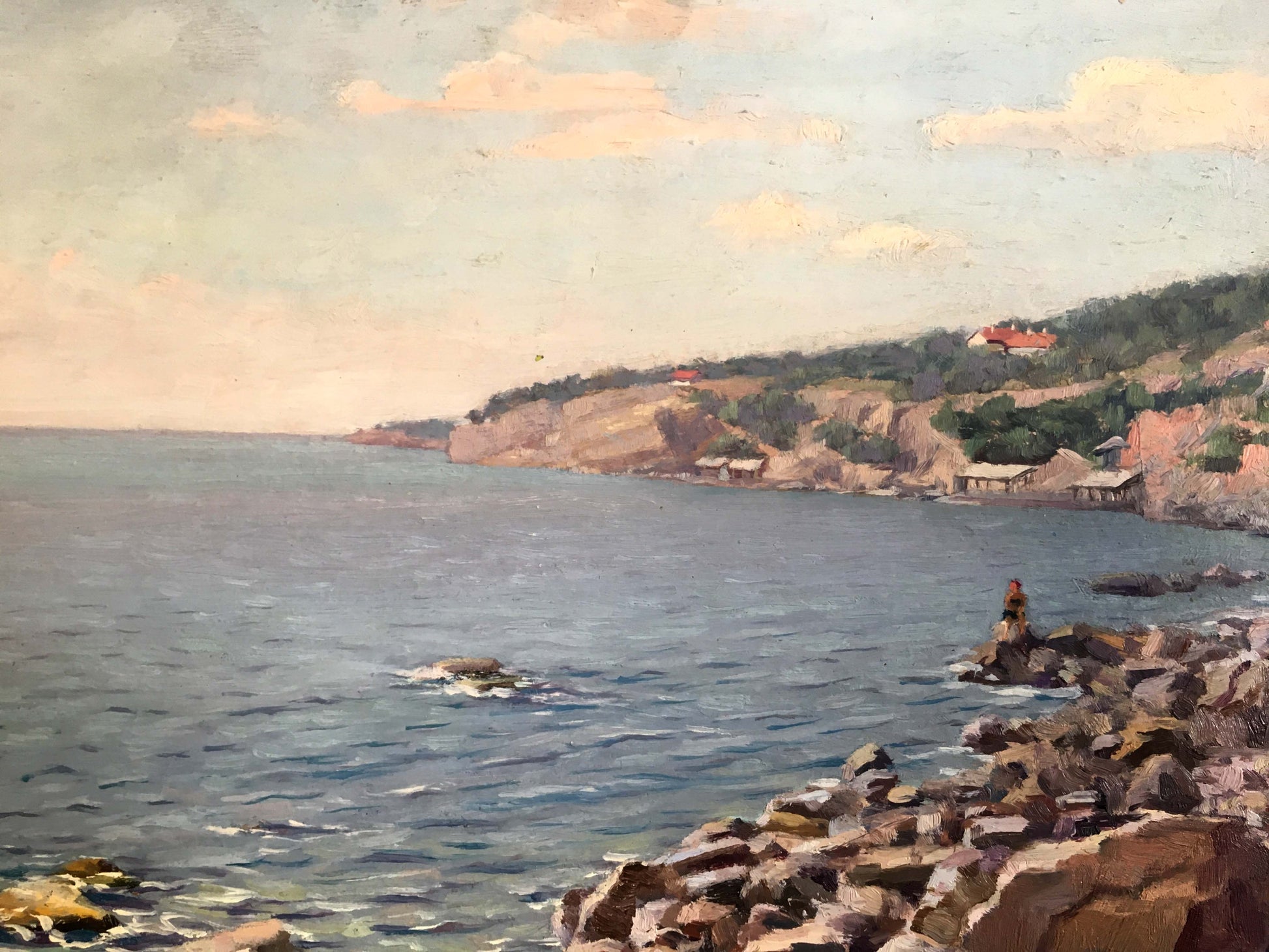 Oil painting The first rays of sun on the sea: rocky shore, blue waters, cliffs
