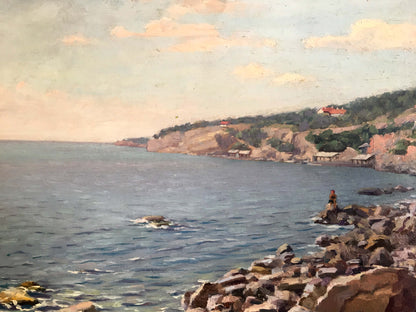 Oil painting The first rays of sun on the sea: rocky shore, blue waters, cliffs