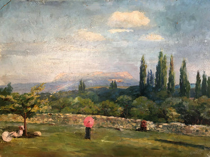 Vibrant pink umbrella in Andrey Simor oil painting In the garden