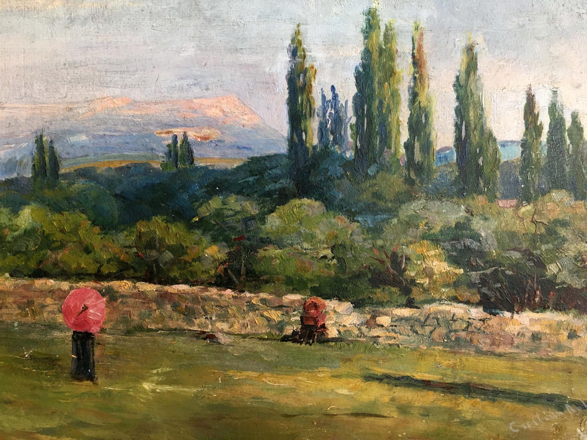 Vibrant red umbrella in Andrey Simor oil painting In the garden