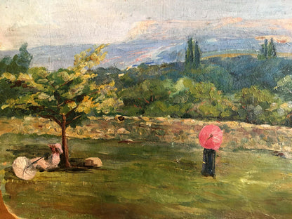 Oil painting In the garden by Andrey Simor: pink umbrella on green grass