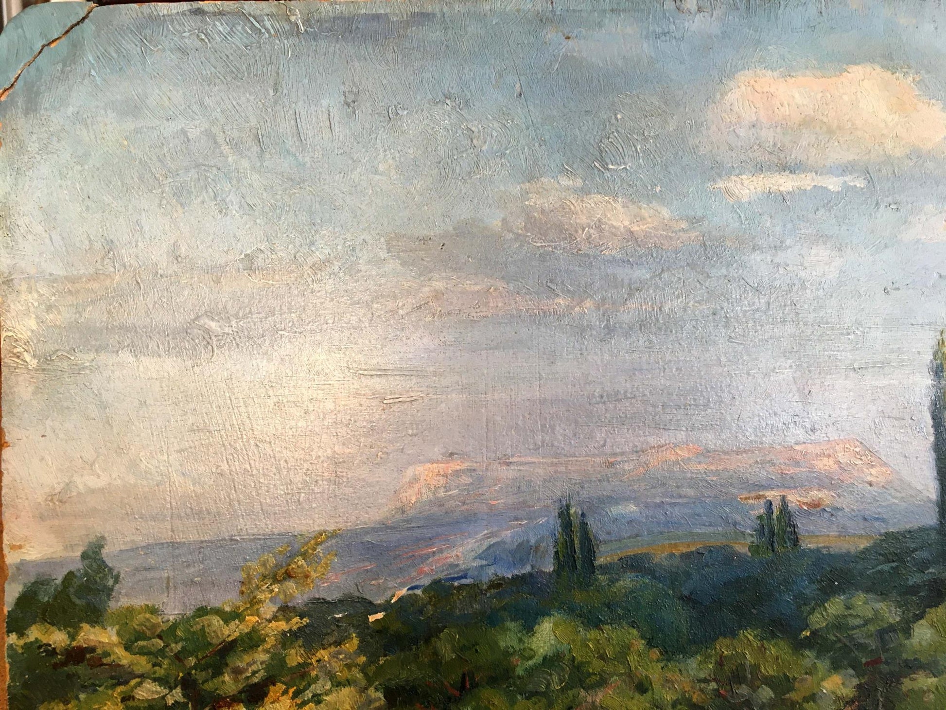 Oil painting In the Garden by Andrey Simor with distant mountains