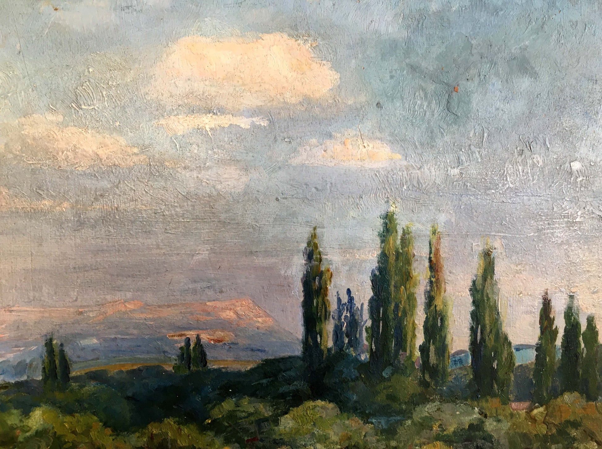 Oil painting In the Garden by Andrey Simor: serene cypress landscape