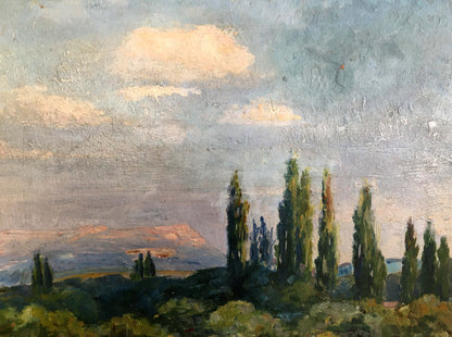 Oil painting In the Garden by Andrey Simor: serene cypress landscape