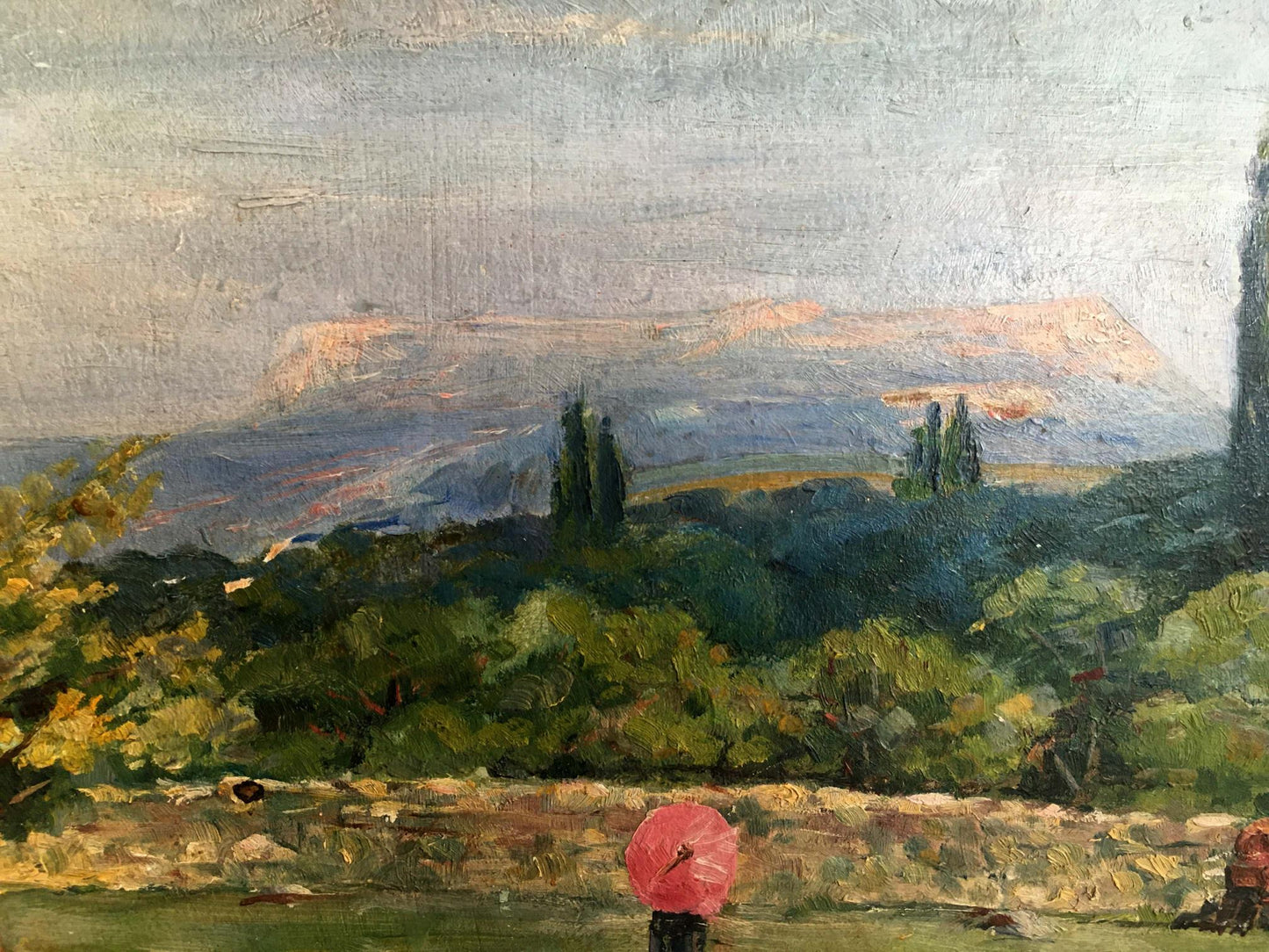 Vibrant pink umbrella in Andrey Simor Oil painting In the garden